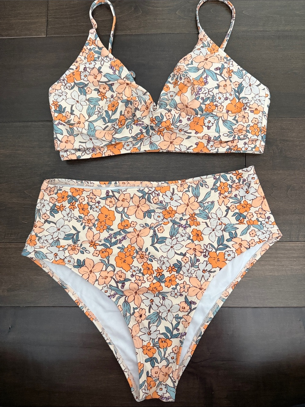 Amazon Floral High-Waist Bikini Set in Orange, Peach & Blue
